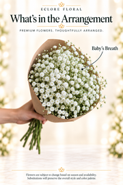 Eclore Floral — What's in the Arrangement: Baby's Breath bouquet. Flower identification guide with seasonal availability disclaimer.