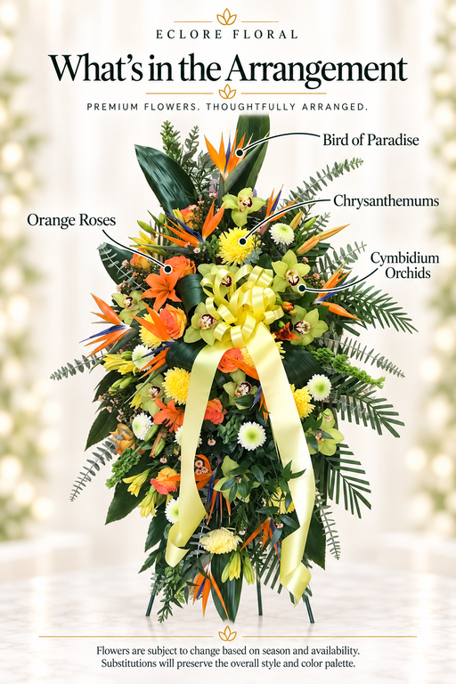 Eclore Floral — What's in the Arrangement: Tropical Bird of Paradise Standing Spray – Bright Funeral Tribute. Flower identification guide with seasonal availability disclaimer.