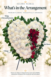 Eclore Floral — What's in the Arrangement: Bleeding Heart Standing Spray. Flower identification guide with seasonal availability disclaimer.