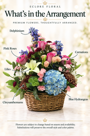 Eclore Floral flower guide for Blue Grapes Floral Basket – Hydrangeas, Roses & Lilies. Flower varieties may vary with season and availability.