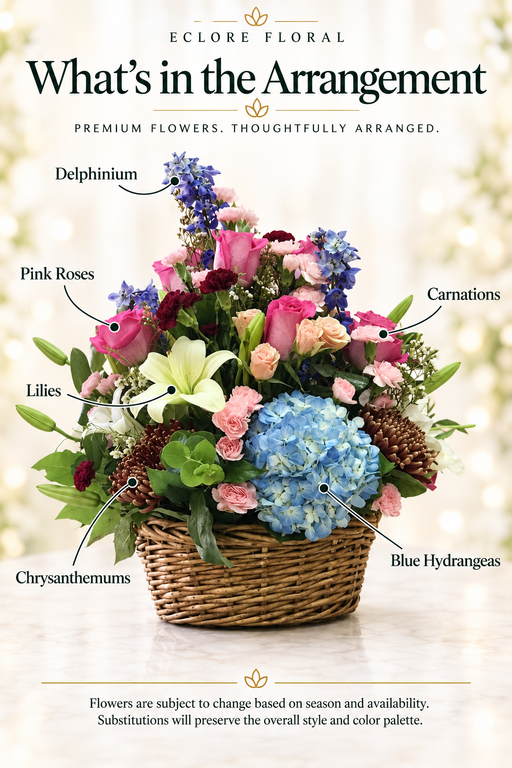 Eclore Floral flower guide for Blue Grapes Floral Basket – Hydrangeas, Roses & Lilies. Flower varieties may vary with season and availability.