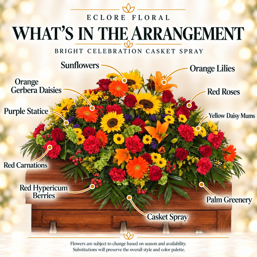 Bright Celebration Casket Spray flower guide