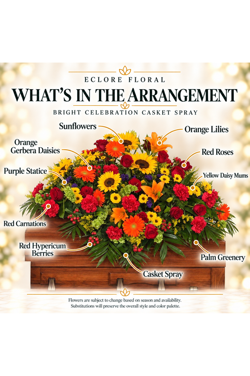 Bright Celebration Casket Spray flower guide