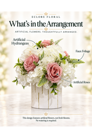 Eclore Floral — What’s in the Arrangement: Faux floral arrangement. Artificial flowers, not fresh blooms.