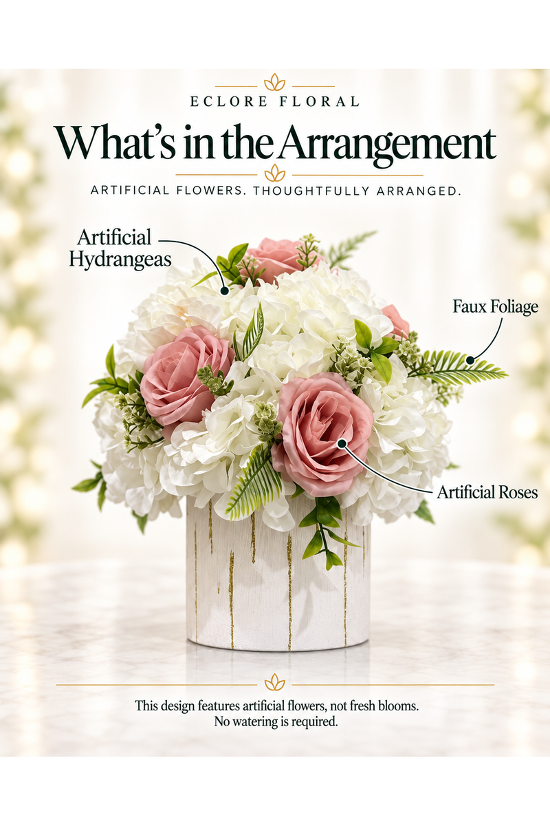 Eclore Floral — What’s in the Arrangement: Faux floral arrangement. Artificial flowers, not fresh blooms.