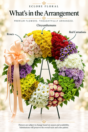 Eclore Floral — What's in the Arrangement: Celebration of Life Multi-Color Wreath. Flower identification guide with seasonal availability disclaimer.