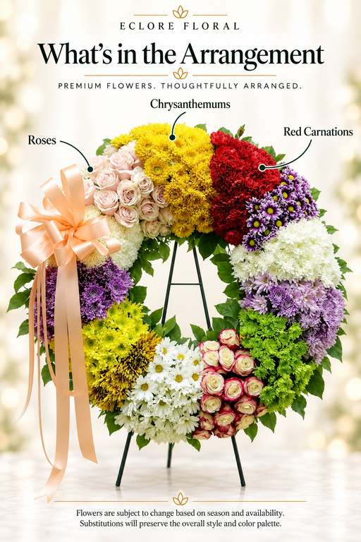 Eclore Floral — What's in the Arrangement: Celebration of Life Multi-Color Wreath. Flower identification guide with seasonal availability disclaimer.