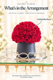 Eclore Floral — What's in the Arrangement: Classic Fire Red Collection. Artificial flower identification guide.