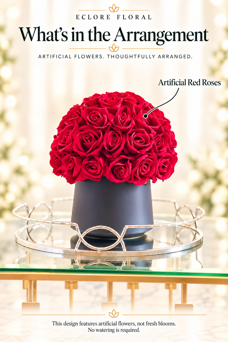 Eclore Floral — What's in the Arrangement: Classic Fire Red Collection. Artificial flower identification guide.