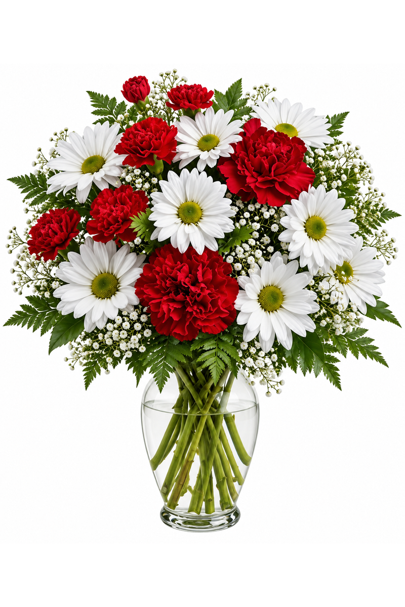 Crimson and White Cheer floral arrangement
