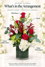 Eclore Floral — What’s in the Arrangement: Crystal Rose – Elegant Red Rose & Hydrangea Arrangement. Flowers may vary with season and availability.
