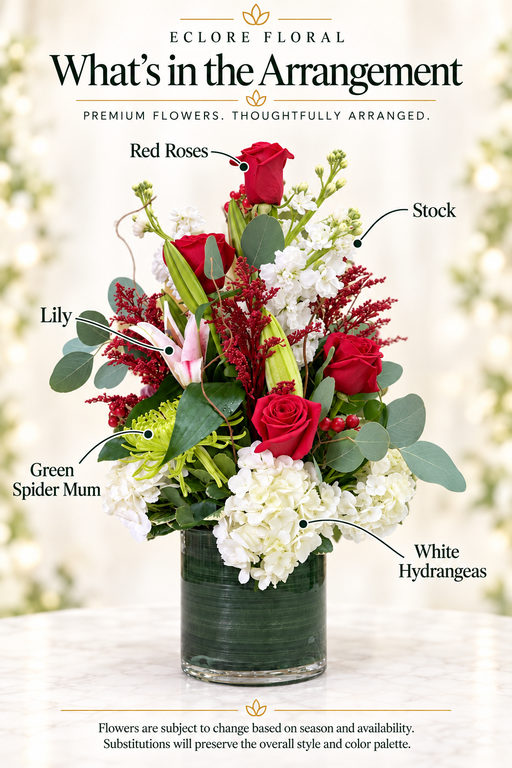 Eclore Floral — What’s in the Arrangement: Crystal Rose – Elegant Red Rose & Hydrangea Arrangement. Flowers may vary with season and availability.