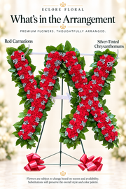 Eclore Floral — What's in the Arrangement: Custom Letters funeral tribute. Flower identification guide with seasonal availability disclaimer.