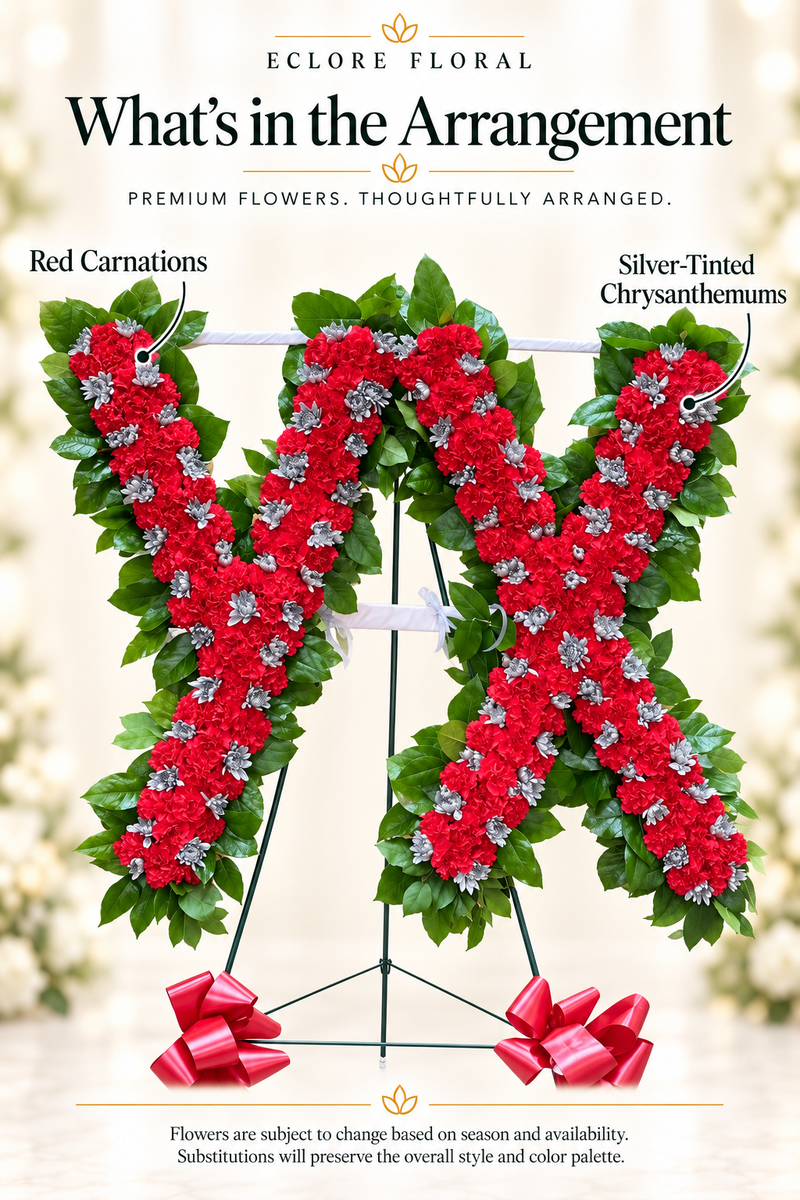 Eclore Floral — What's in the Arrangement: Custom Letters funeral tribute. Flower identification guide with seasonal availability disclaimer.