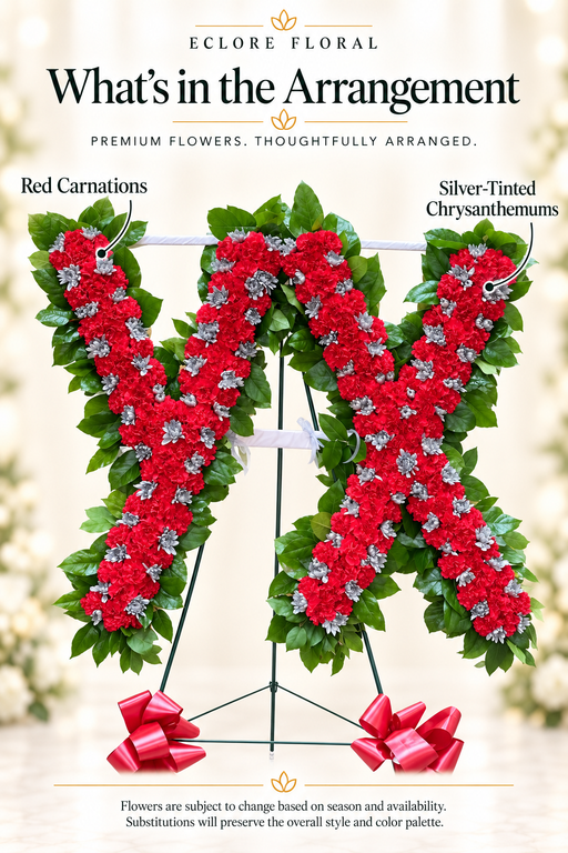 Eclore Floral — What's in the Arrangement: Custom Letters funeral tribute. Flower identification guide with seasonal availability disclaimer.