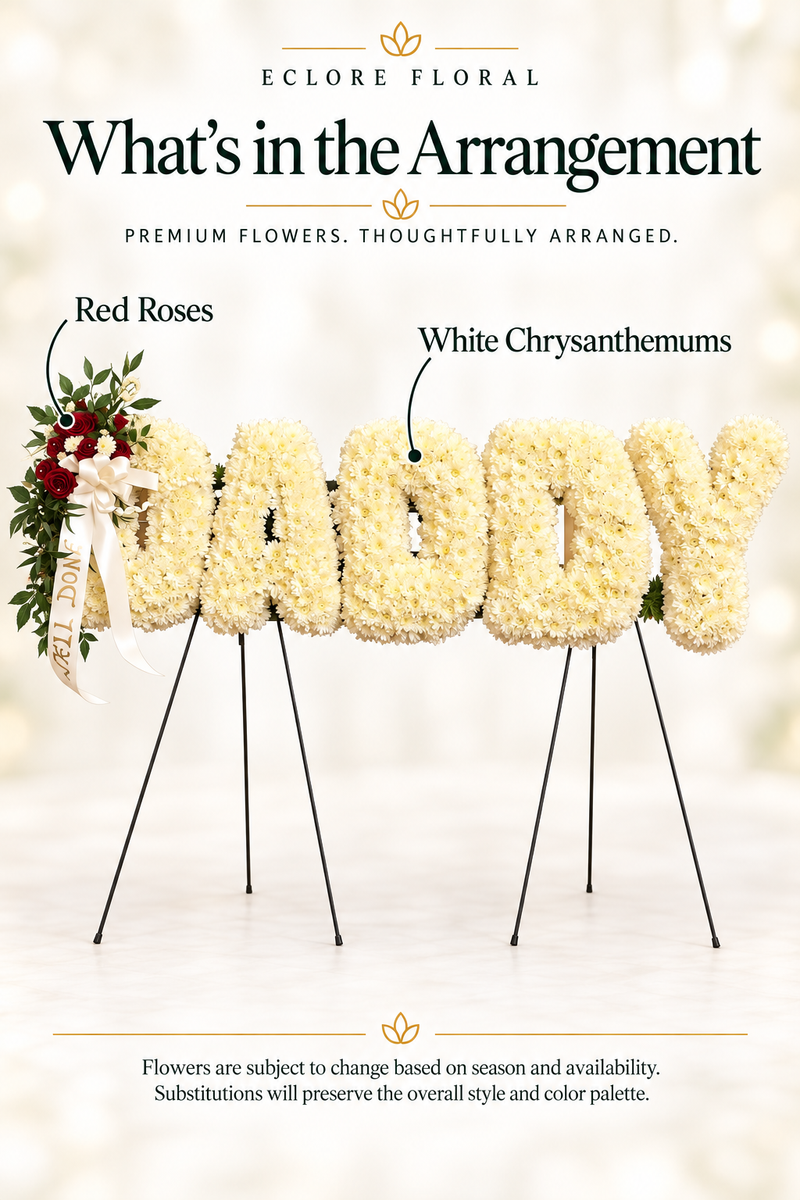 Eclore Floral — What's in the Arrangement: CUSTOM DAD STANDING SPRAY [SS006]. Flower identification guide with seasonal availability disclaimer.
