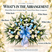 White & Blue Haven arrangement flower guide