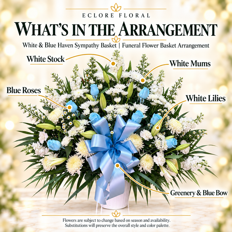 White & Blue Haven arrangement flower guide