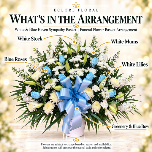 White & Blue Haven arrangement flower guide