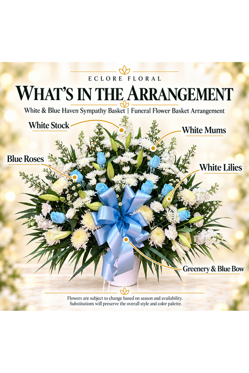 White & Blue Haven arrangement flower guide