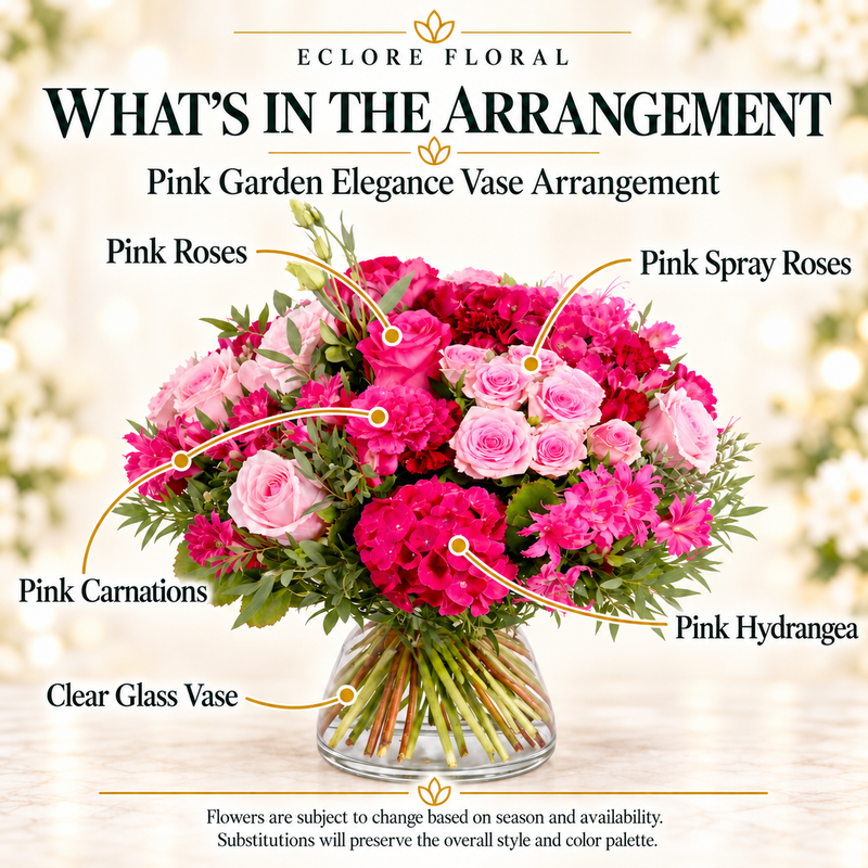 Pink Garden Elegance Vase Arrangement — What’s in the Arrangement flower guide