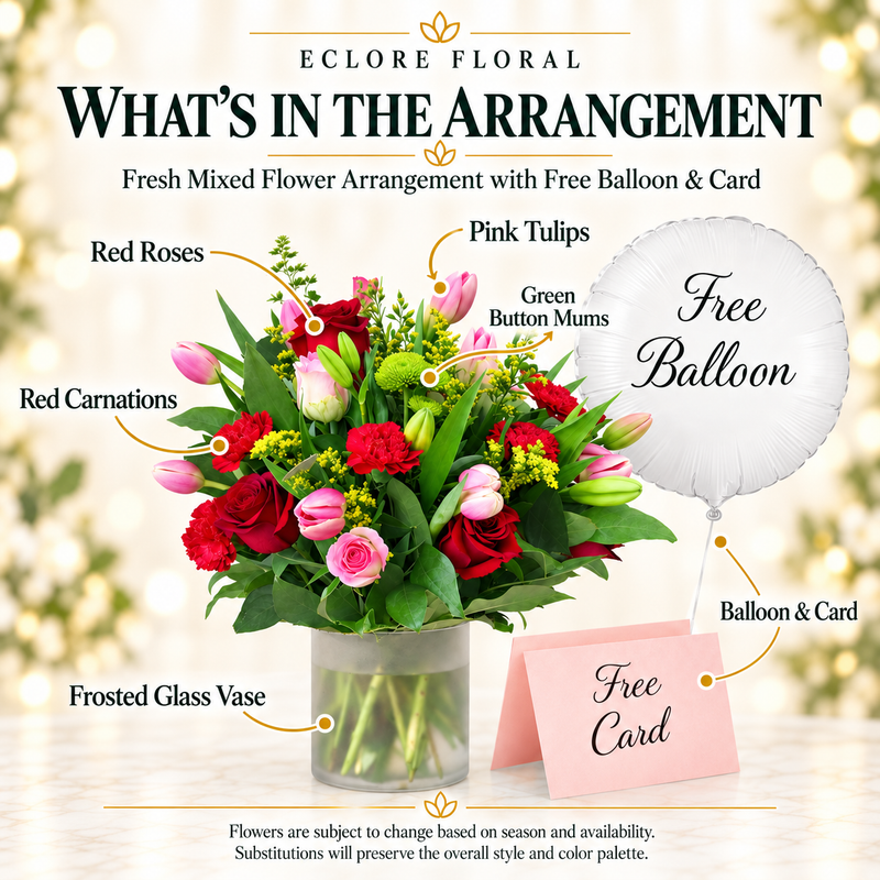 Fresh Mixed Flower Arrangement with Free Balloon & Card — What’s in the Arrangement flower guide