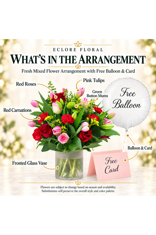 Fresh Mixed Flower Arrangement with Free Balloon & Card — What’s in the Arrangement flower guide