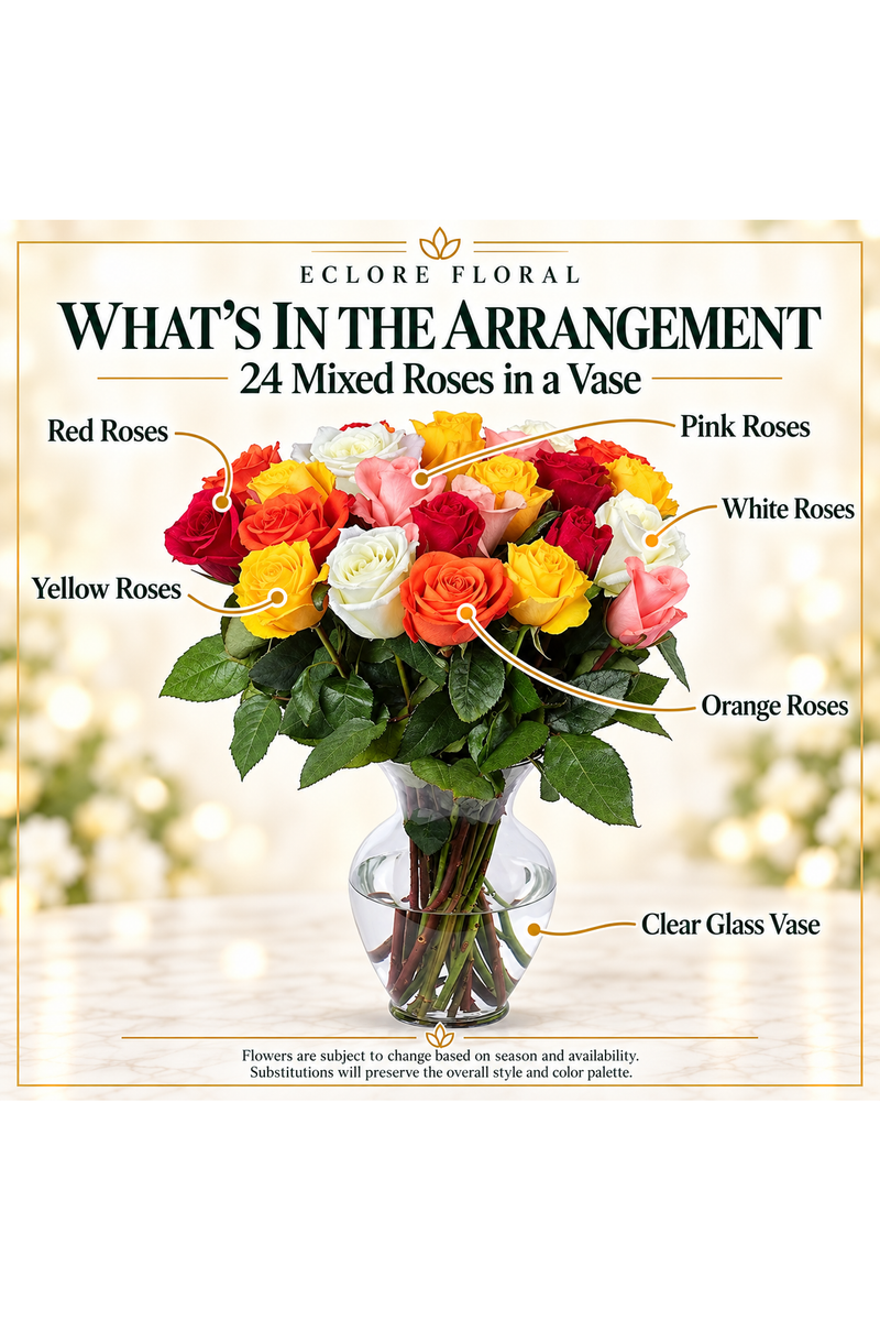 24 Mixed Roses in a Vase — What’s in the Arrangement flower guide