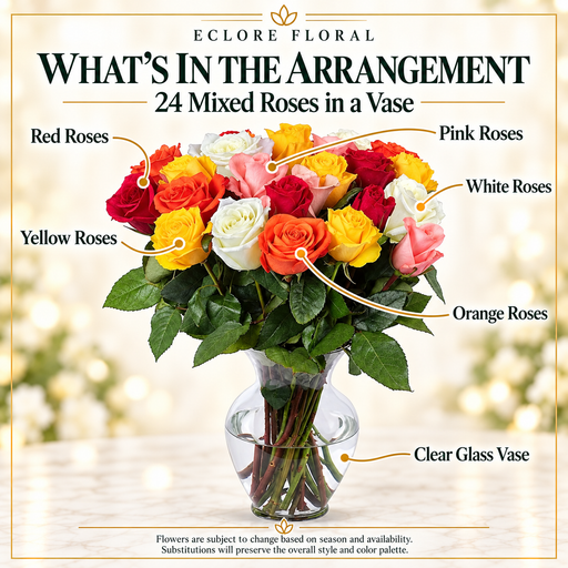 24 Mixed Roses in a Vase — What’s in the Arrangement flower guide
