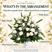 White Rose Sympathy Basket — What’s in the Arrangement flower guide
