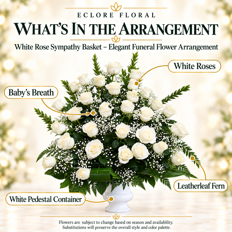 White Rose Sympathy Basket — What’s in the Arrangement flower guide