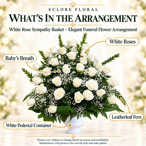 White Rose Sympathy Basket — What’s in the Arrangement flower guide