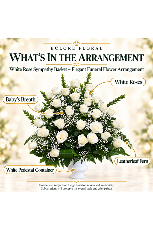 White Rose Sympathy Basket — What’s in the Arrangement flower guide