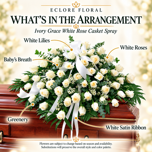Ivory Grace White Rose Casket Spray — What’s in the Arrangement flower guide