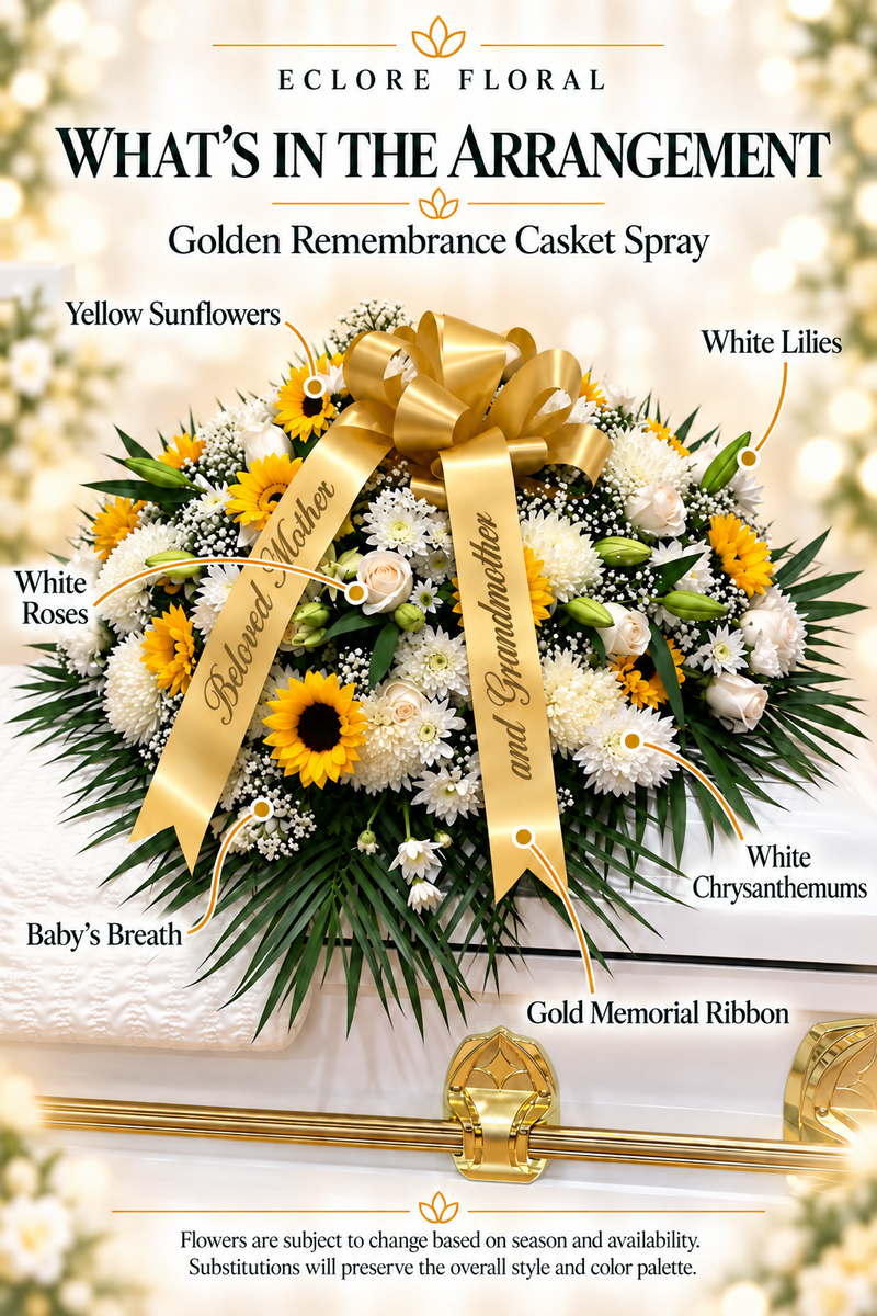 Golden Remembrance Casket Spray — What’s in the Arrangement flower guide