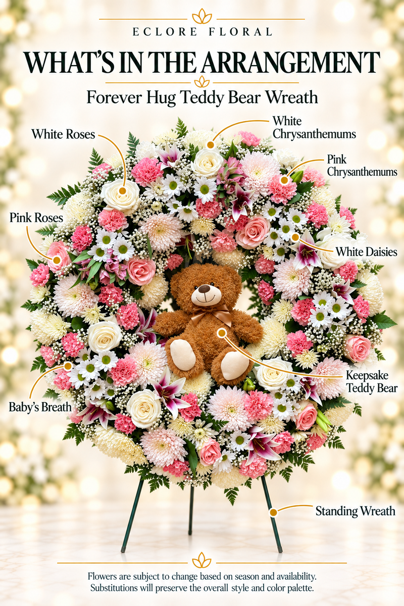 Forever Hug Teddy Bear Wreath — What’s in the Arrangement flower guide