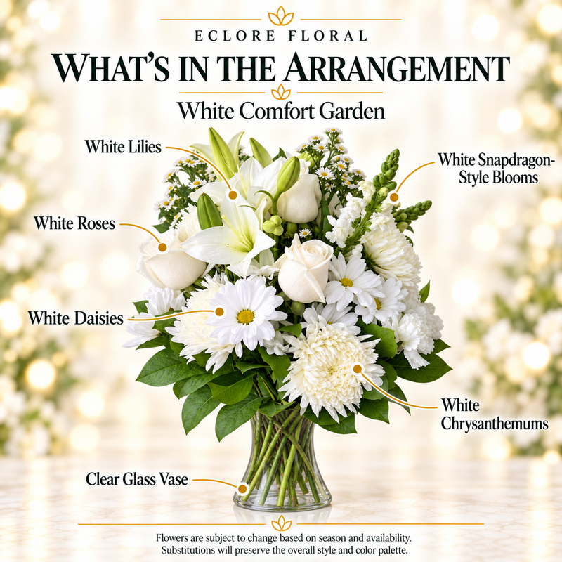 White Comfort Garden — What’s in the Arrangement flower guide