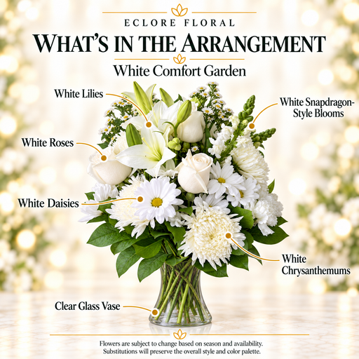 White Comfort Garden — What’s in the Arrangement flower guide