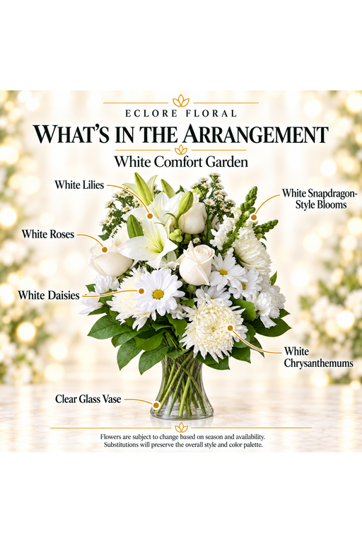 White Comfort Garden — What’s in the Arrangement flower guide