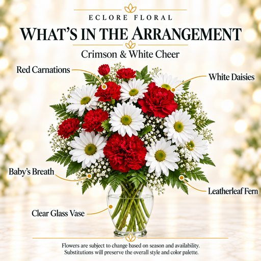 Crimson & White Cheer — What’s in the Arrangement flower guide