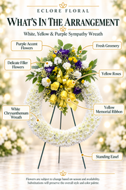 White, Yellow & Purple Sympathy Wreath — What’s in the Arrangement flower guide