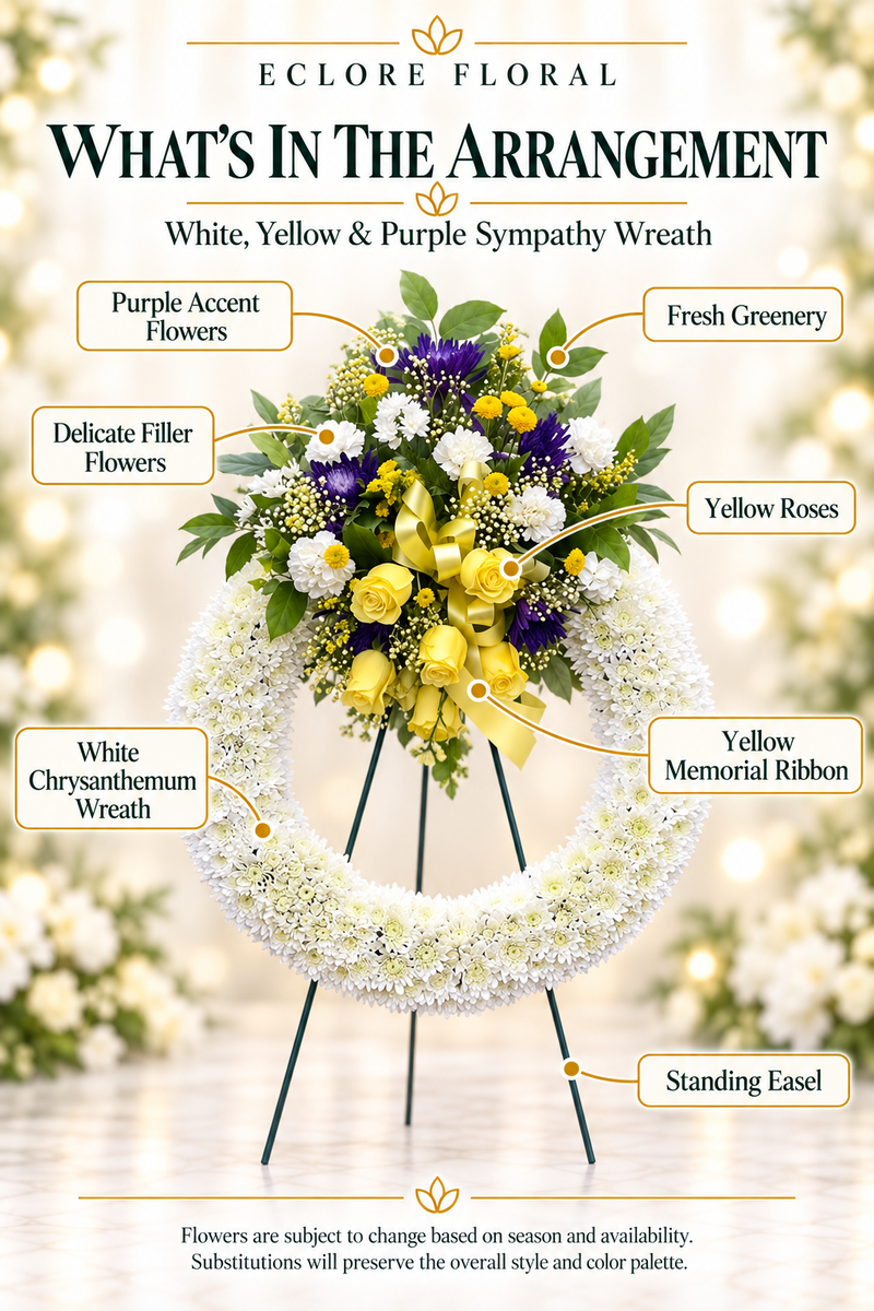 White, Yellow & Purple Sympathy Wreath — What’s in the Arrangement flower guide