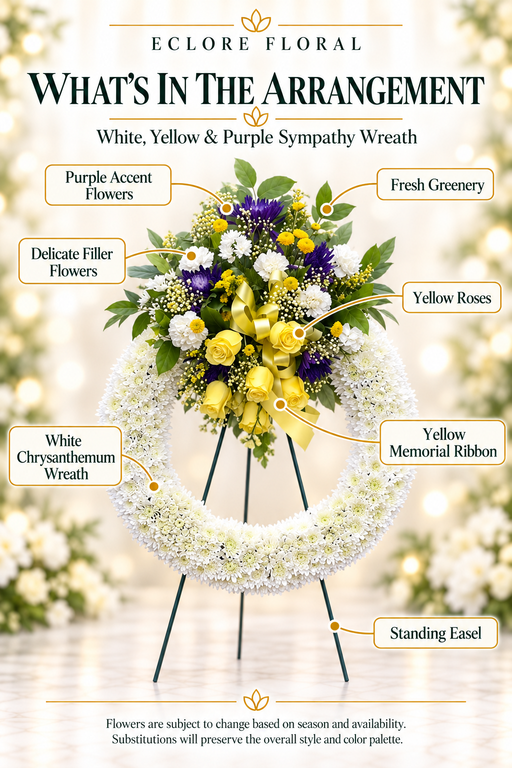 White, Yellow & Purple Sympathy Wreath — What’s in the Arrangement flower guide