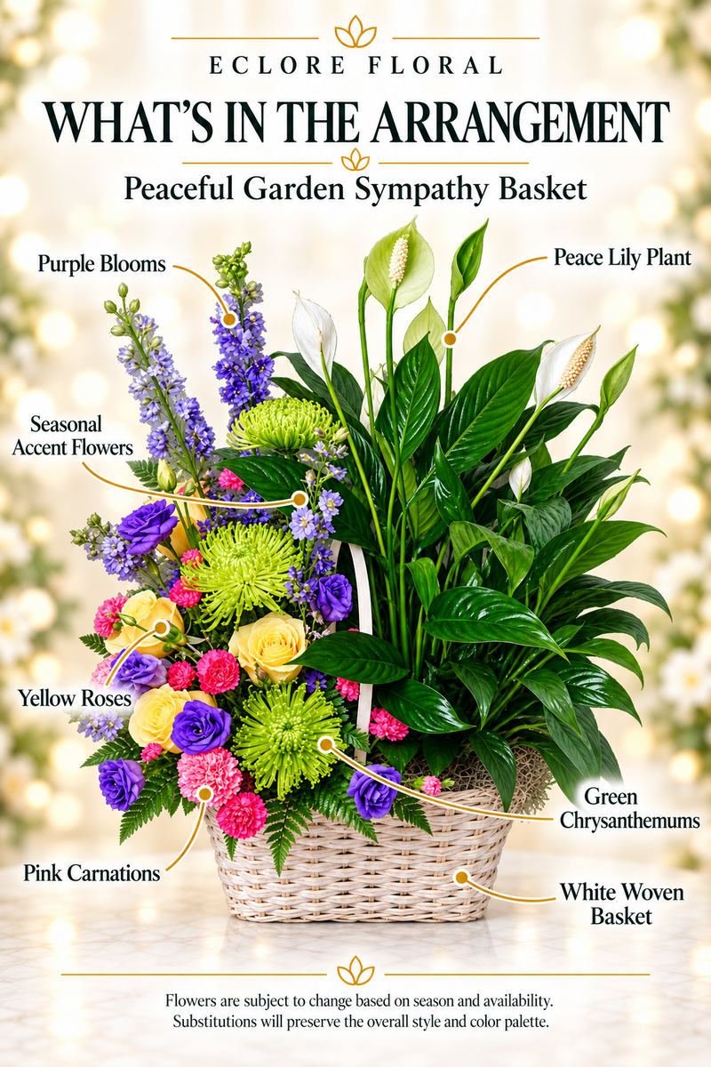 Peaceful Garden Sympathy Basket — What’s in the Arrangement flower guide