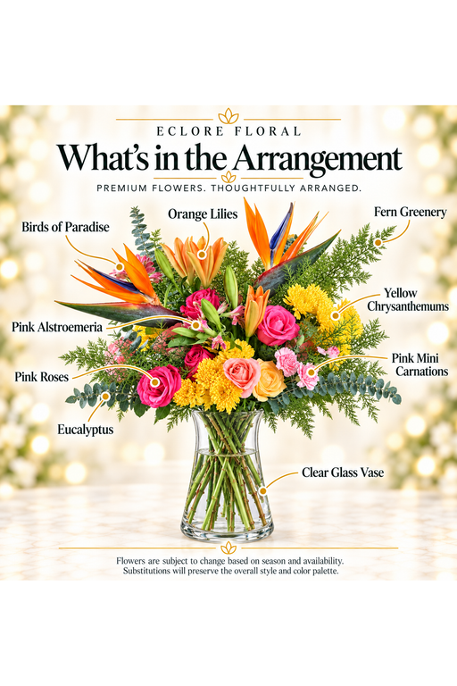 Tropical Radiance – Birds of Paradise, Roses & Lilies — What’s in the Arrangement flower guide