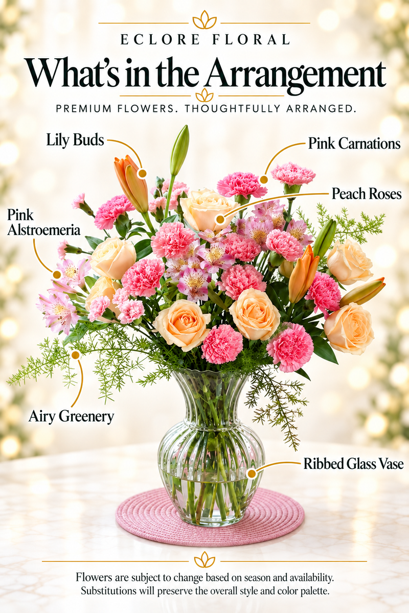 Peach Blush Garden – Roses, Carnations & Lilies — What’s in the Arrangement flower guide