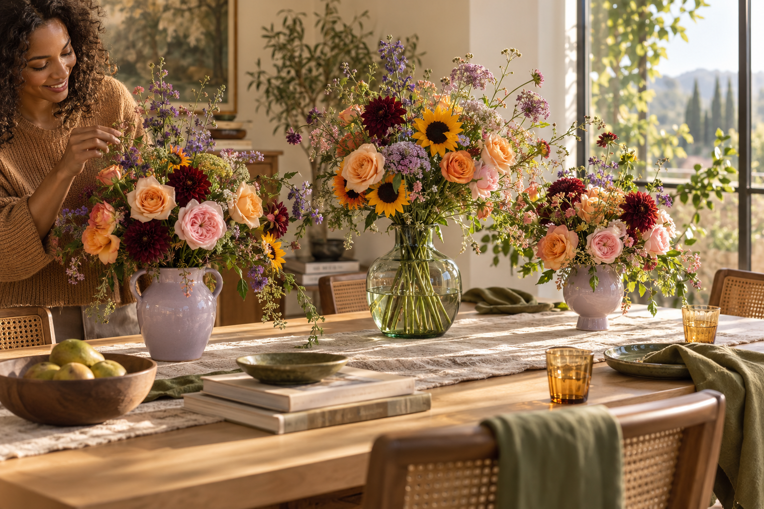 Colorful autumn flowers arranged on a sunlit dining table