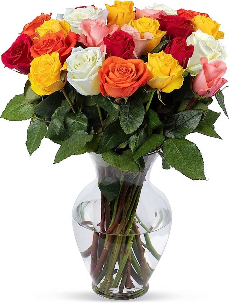 Red, orange, yellow, pink and white roses with green foliage in a clear glass vase