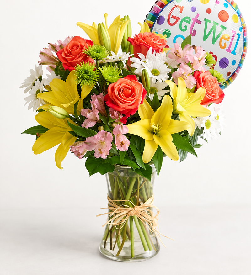 Get well bouquet with orange roses, yellow lilies, white daisies, green mums and pink alstroemeria in a clear vase with balloon