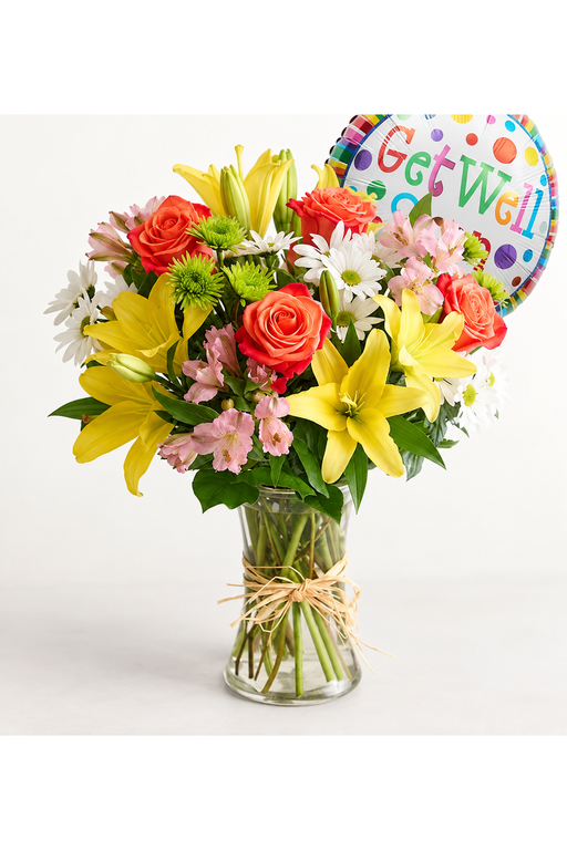 Get well bouquet with orange roses, yellow lilies, white daisies, green mums and pink alstroemeria in a clear vase with balloon